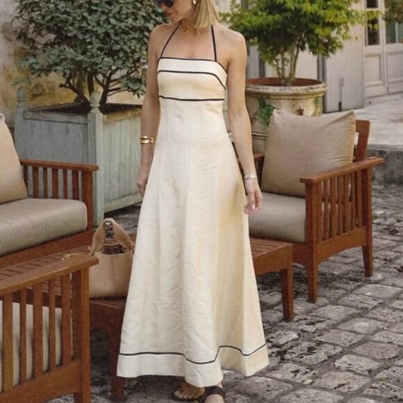 Shona Joy Billie Contrast Panelled Midi Dress Sz4 Ecru Black Halter Cocktail - Picture 7 of 13